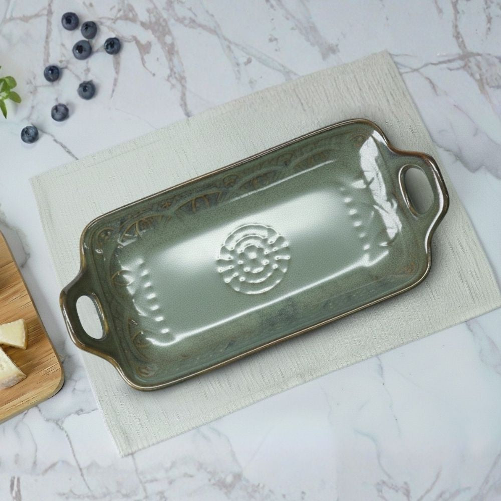 green embossed ceramic serving tray set of 2 for serving snacks beverages with durable glazed finish
